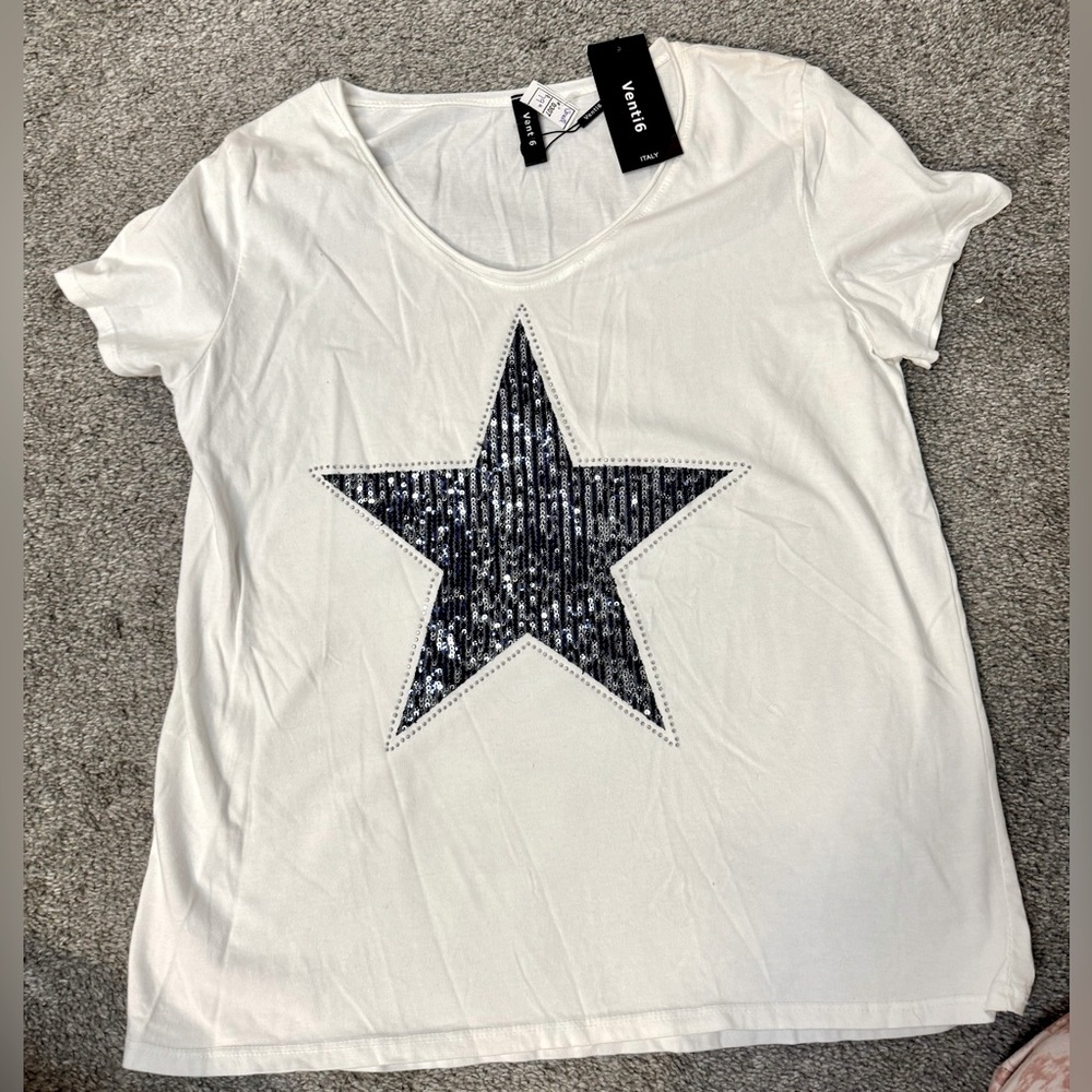 Venti6 sz small denim color sparkling star white t-shirt so cute!!! new w/tag